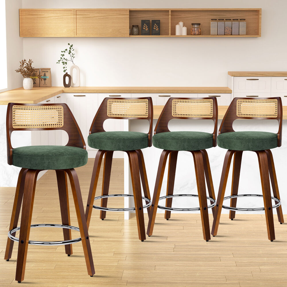 ALFORDSON 4x Bar Stools Chenille 65cm Swivel Kitchen Wooden Dining Chair Green