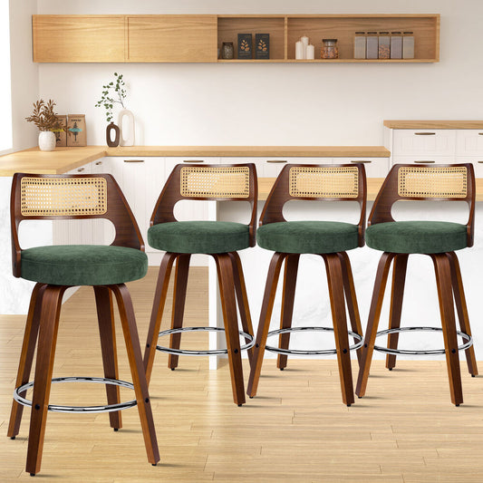 ALFORDSON 4x Bar Stools Chenille 65cm Swivel Kitchen Wooden Dining Chair Green