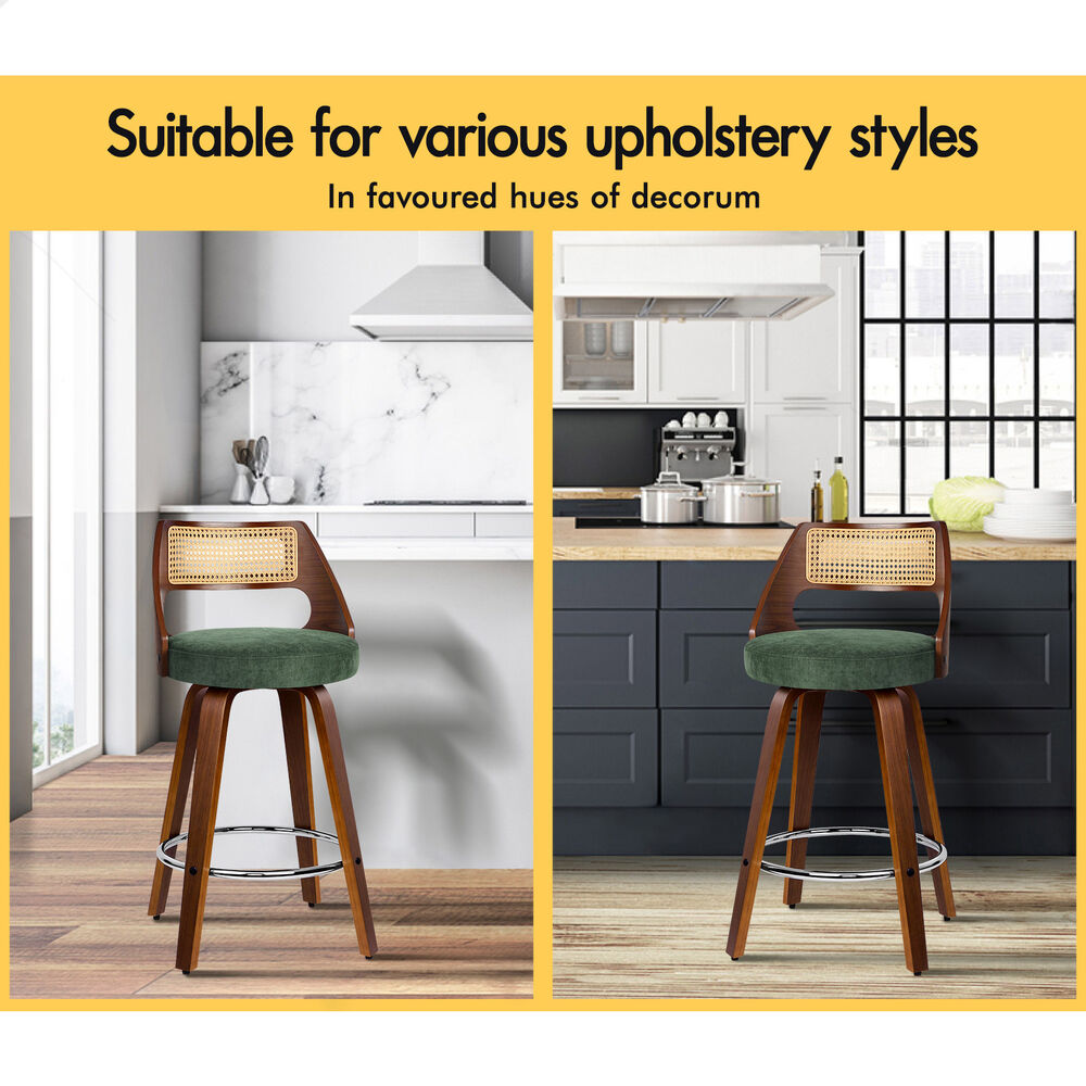 ALFORDSON 4x Bar Stools Chenille 65cm Swivel Kitchen Wooden Dining Chair Green