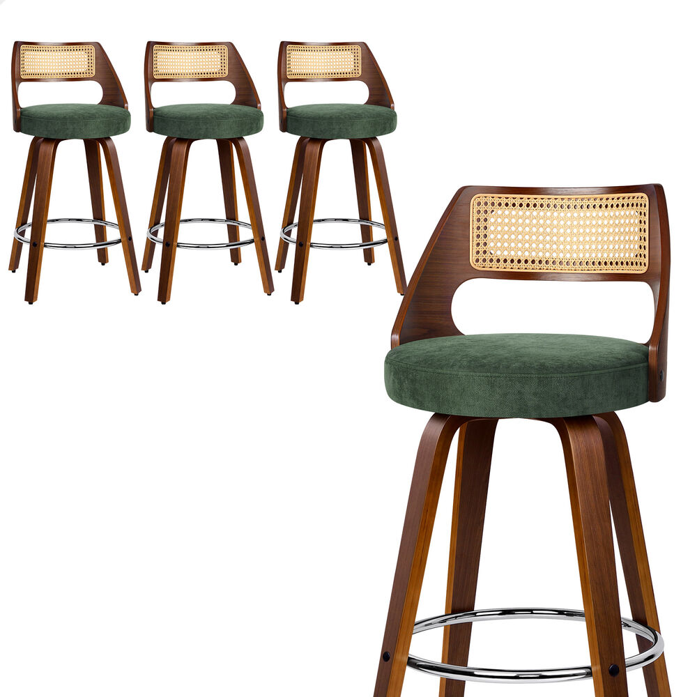 ALFORDSON 4x Bar Stools Chenille 65cm Swivel Kitchen Wooden Dining Chair Green