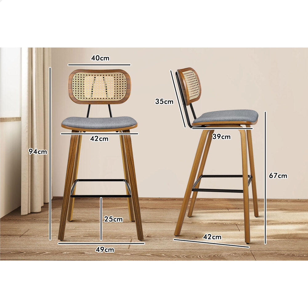 2x ALFORDSON Bar Stools Rattan Backrest Fabric Grey
