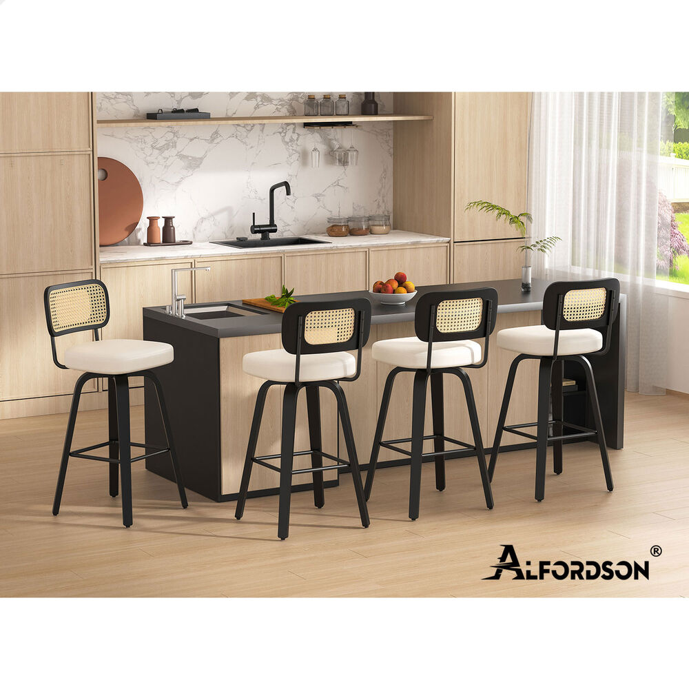 2x ALFORDSON Bar Stools Rattan Leather Black White