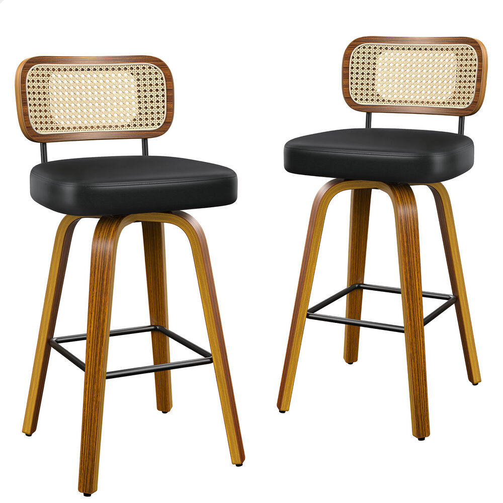 2x ALFORDSON Bar Stools Rattan Leather Wooden Black