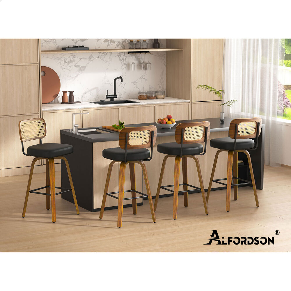 2x ALFORDSON Bar Stools Rattan Leather Wooden Black