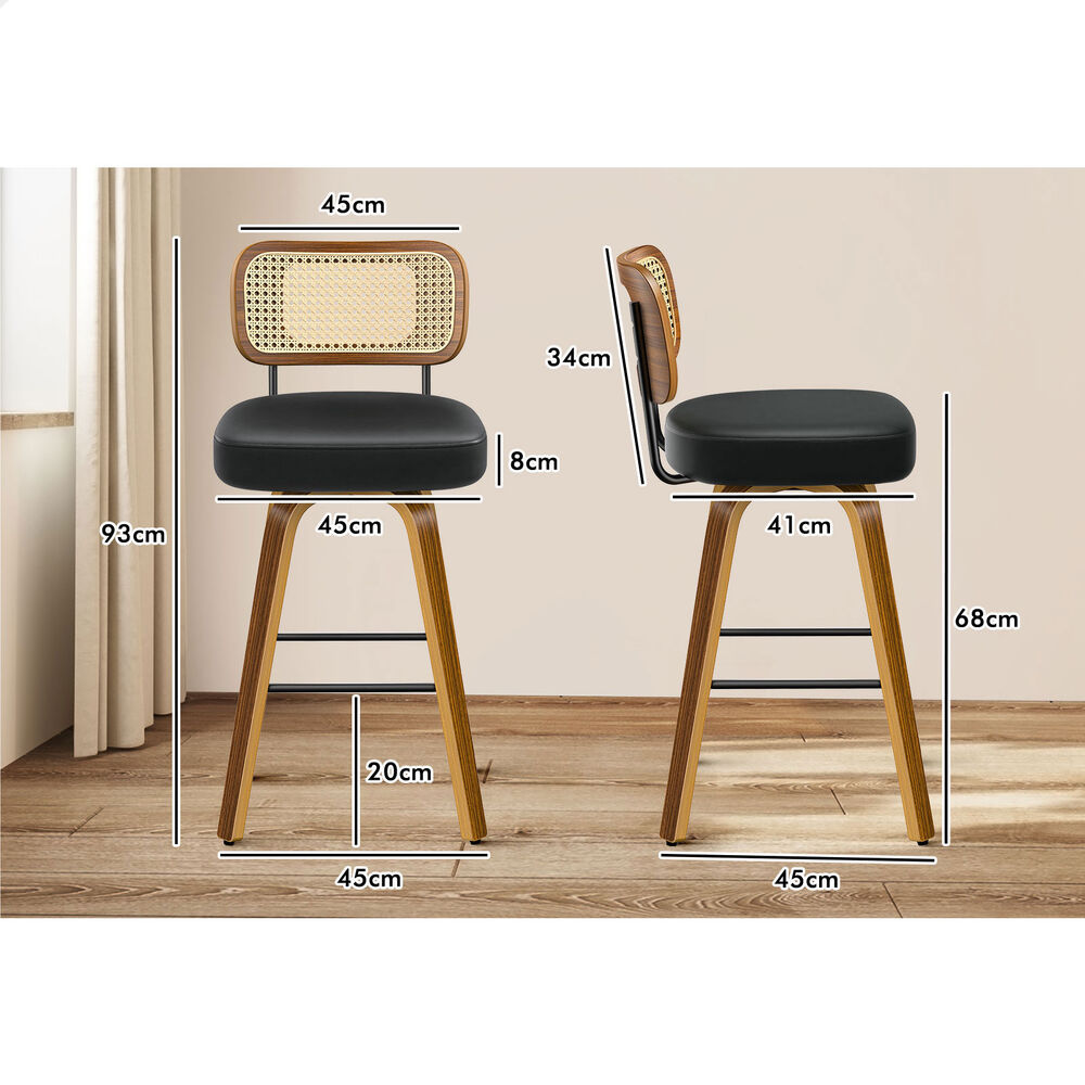 2x ALFORDSON Bar Stools Rattan Leather Wooden Black