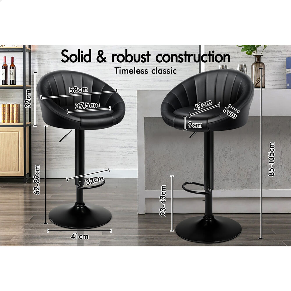 ALFORDSON 2x Bar Stools Gas Lift Leather Bar Chairs Kitchen Swivel All Black