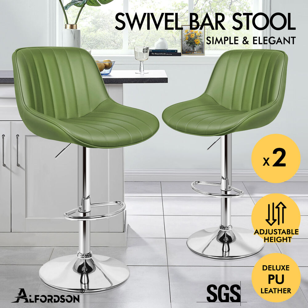 ALFORDSON 2x Bar Stools Gas Lift Leather Bar Chairs Kitchen Swivel Avocado Green