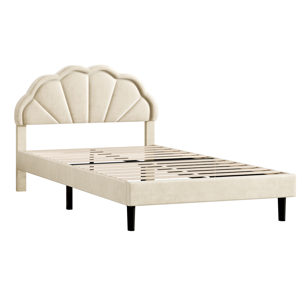 ALFORDSON Bed Frame Double Size LED Adjustable Headboard Velvet Beige Platform