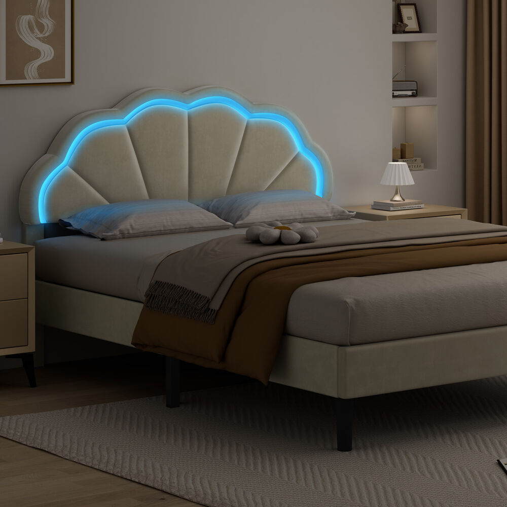 ALFORDSON Bed Frame Double Size LED Adjustable Headboard Velvet Beige Platform