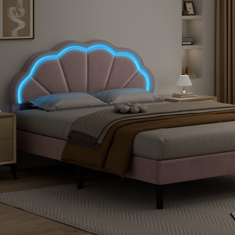 ALFORDSON Bed Frame Double Size LED Adjustable Headboard Velvet Pink Platform