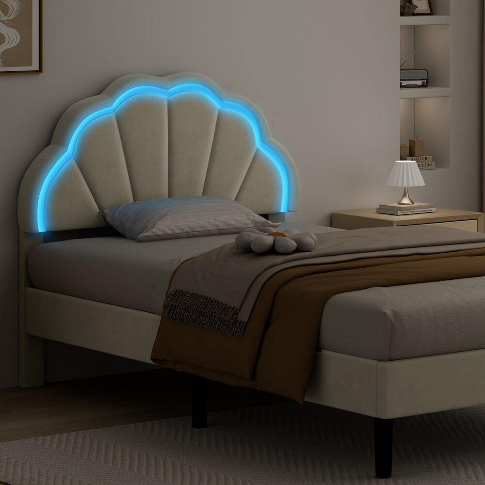 ALFORDSON Bed Frame King Single LED Adjustable Headboard Velvet Beige Platform