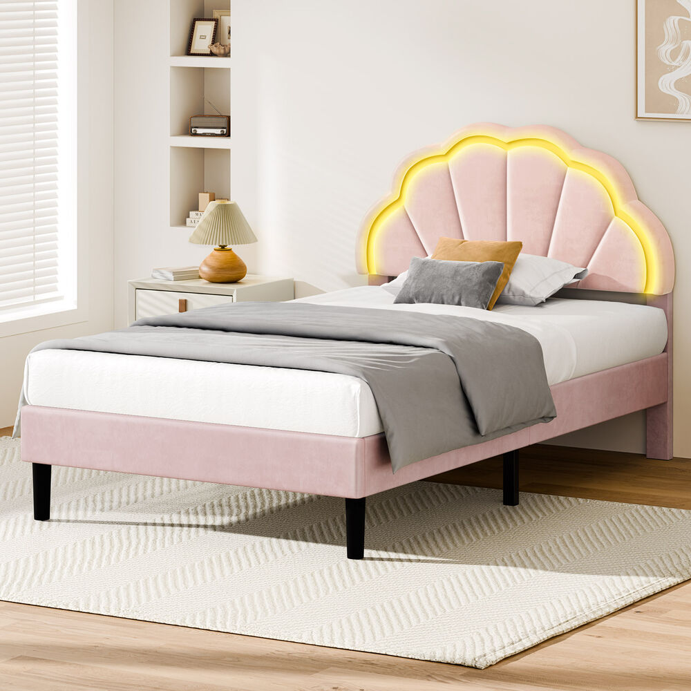 ALFORDSON Bed Frame King Single LED Adjustable Headboard Velvet Pink Platform