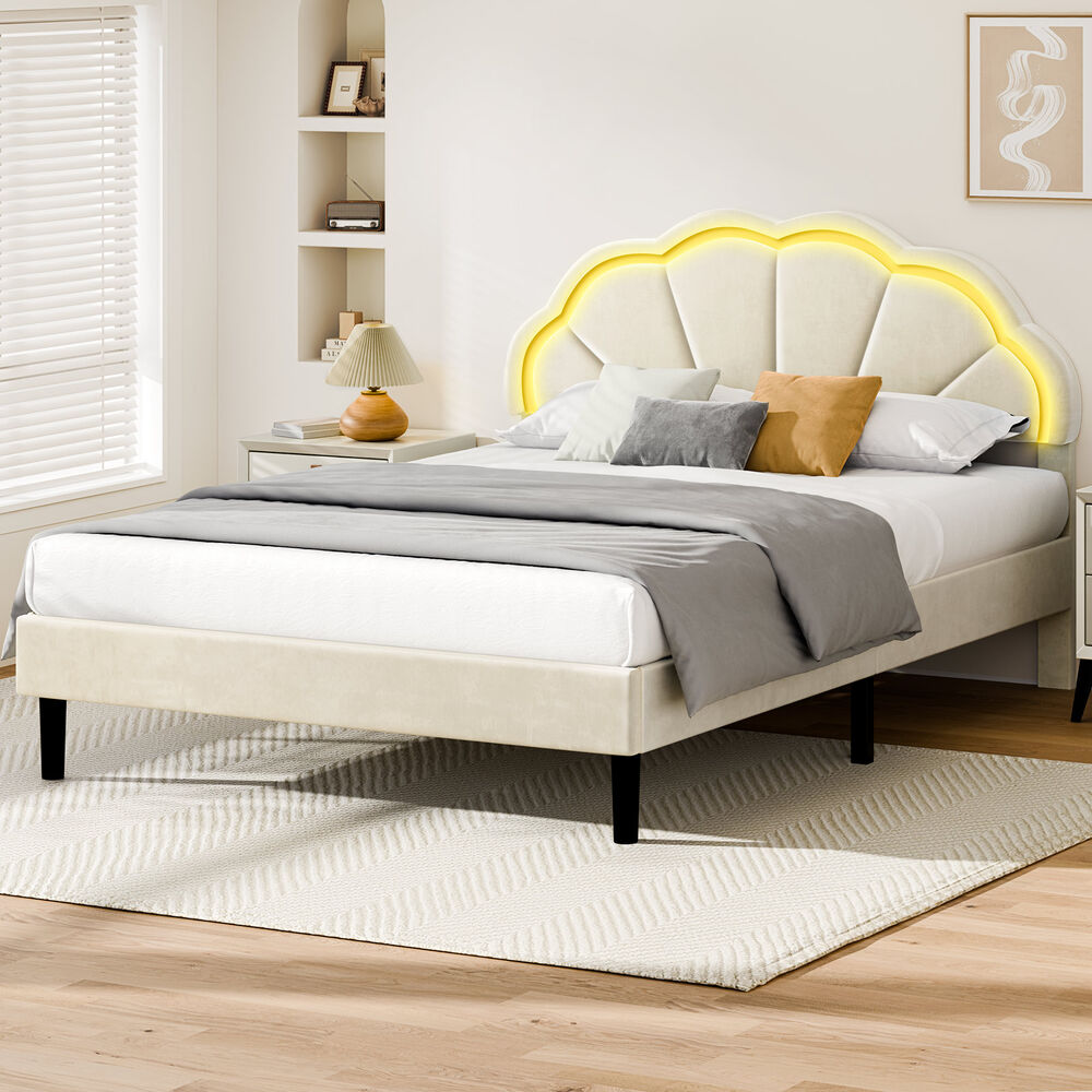 ALFORDSON Bed Frame Queen Size LED Adjustable Headboard Velvet Beige Platform