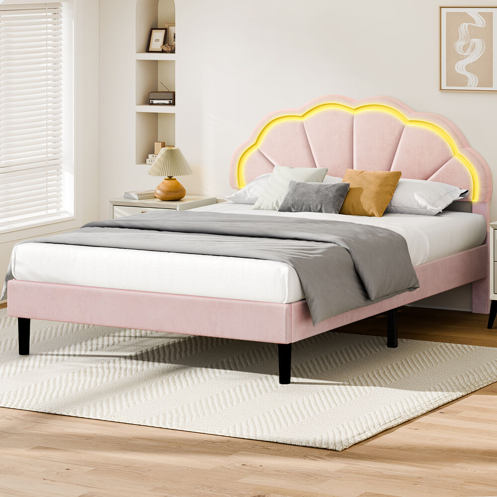 ALFORDSON Bed Frame Queen Size LED Adjustable Headboard Velvet Pink Platform