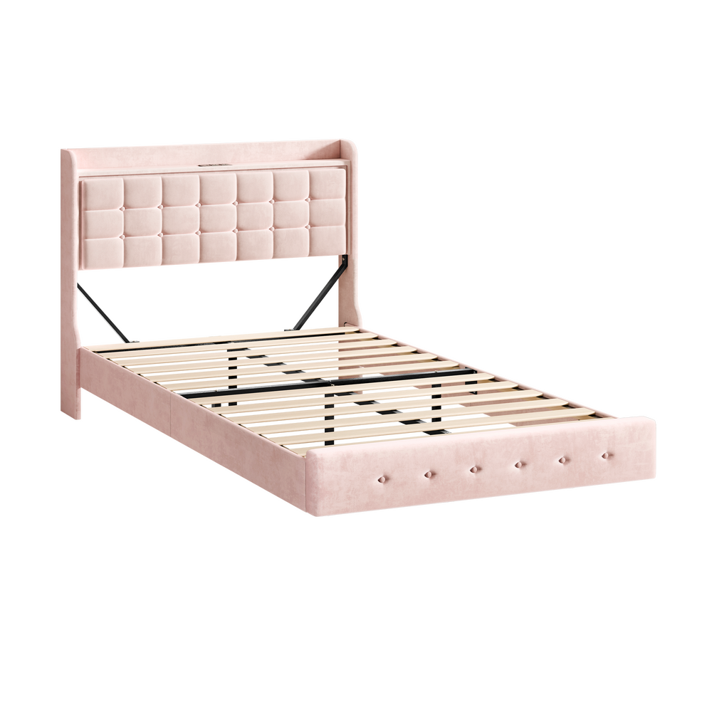 ALFORDSON Bed Frame Floating Double LED Charging Station Storage Velvet Pink