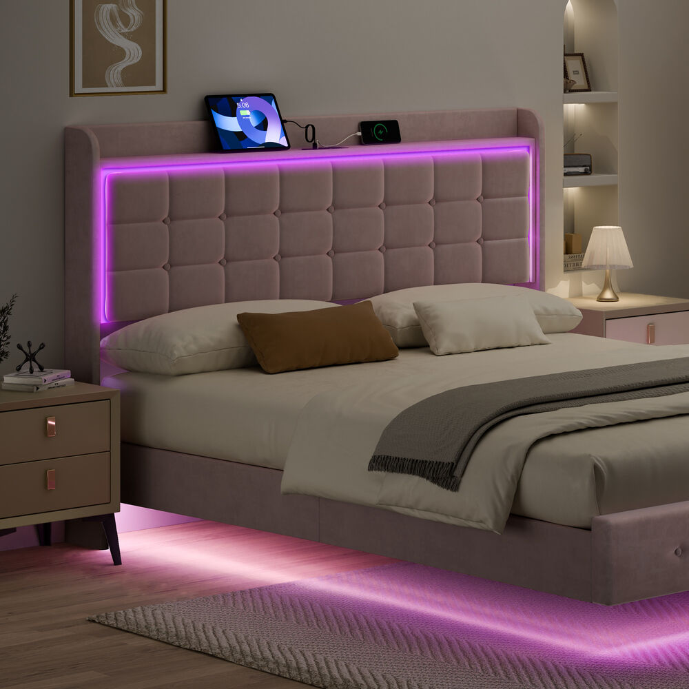 ALFORDSON Bed Frame Floating Double LED Charging Station Storage Velvet Pink