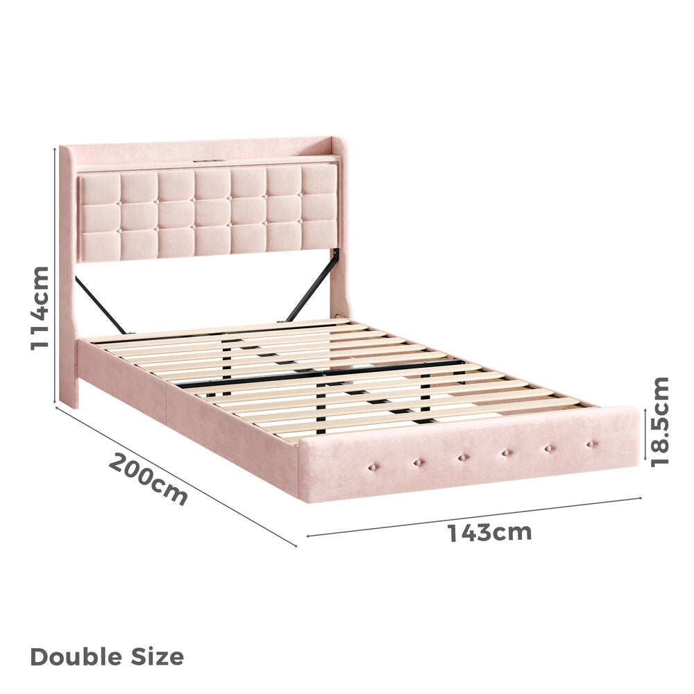 ALFORDSON Bed Frame Floating Double LED Charging Station Storage Velvet Pink