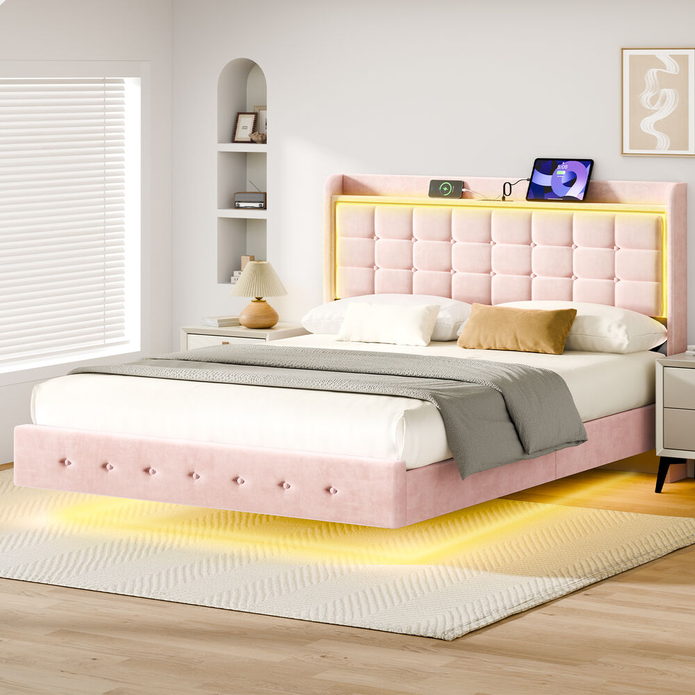 ALFORDSON Bed Frame Floating Double LED Charging Station Storage Velvet Pink