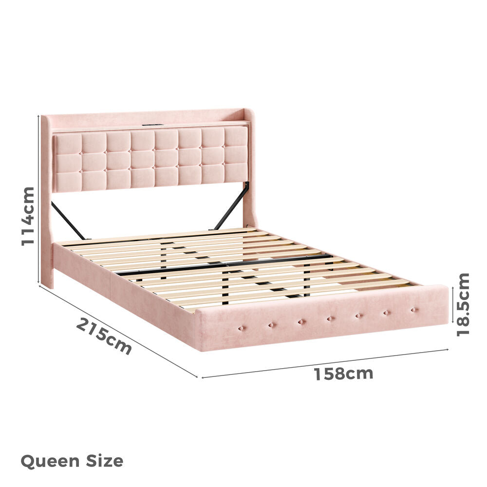 ALFORDSON Bed Frame Floating Queen Size LED Charging Station Storage Velvet Pink