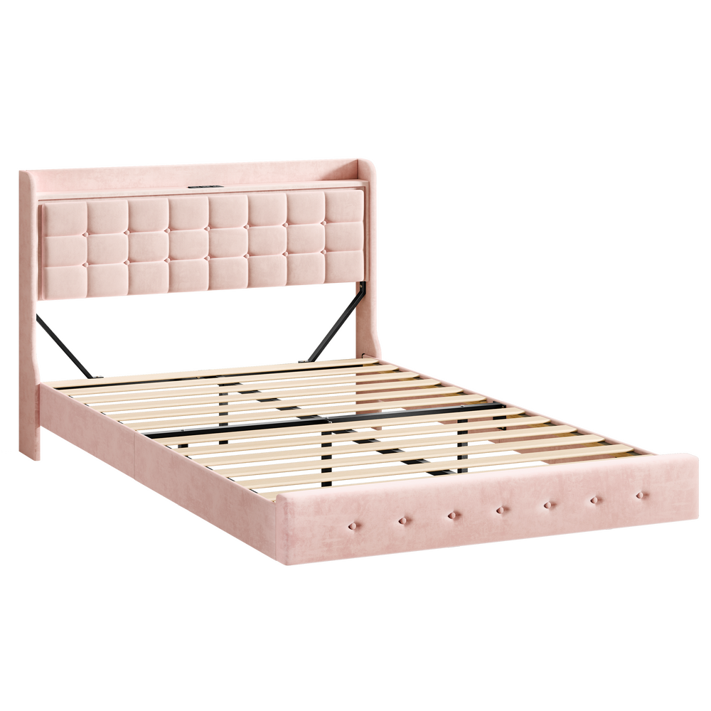 ALFORDSON Bed Frame Floating Queen Size LED Charging Station Storage Velvet Pink