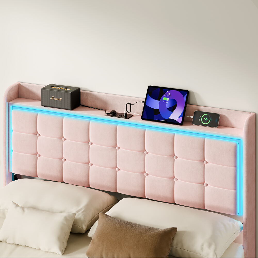 ALFORDSON Bed Frame Floating Queen Size LED Charging Station Storage Velvet Pink