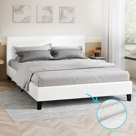 ALFORDSON Bed Frame Queen Mattress Base Wooden Platform Boucle Fabric White