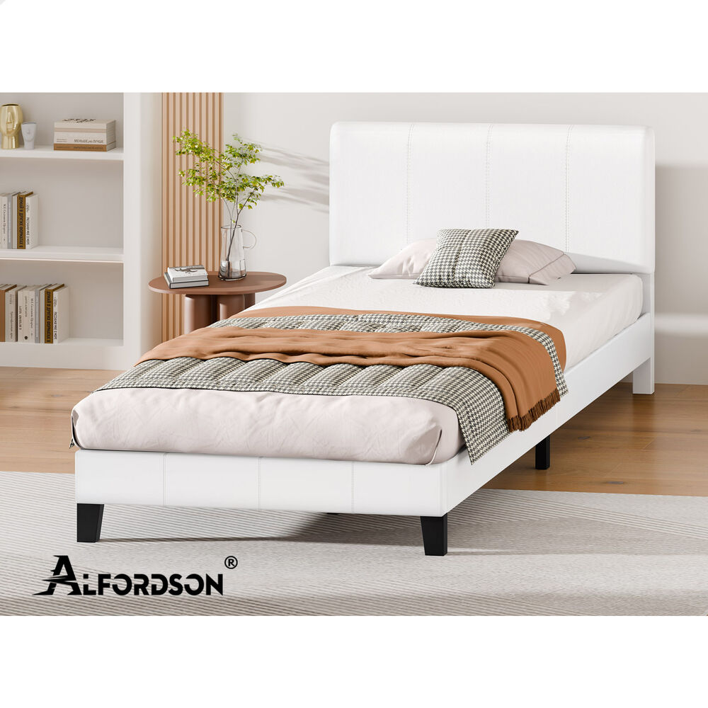 ALFORDSON Bed Frame Single Size Mattress Base Platform Leather White Linus