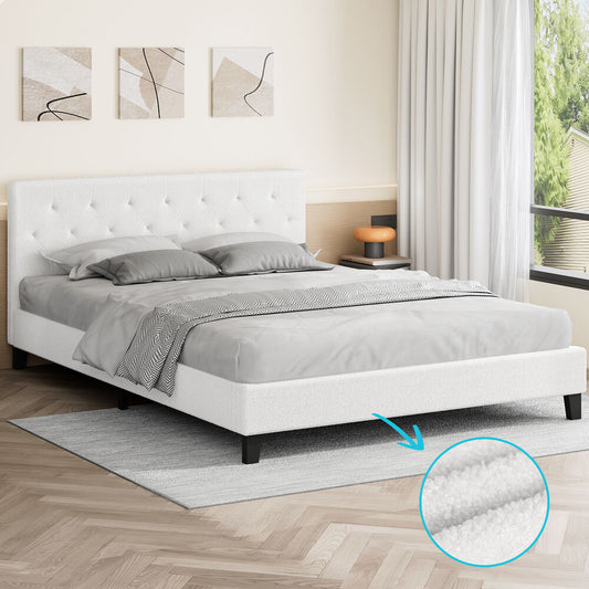ALFORDSON Bed Frame Double Size Wooden Base Platform White Boucle MADELYN
