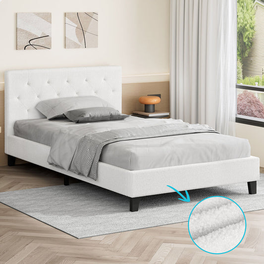 ALFORDSON Bed Frame King Single Wooden Base Platform White Boucle MADELYN