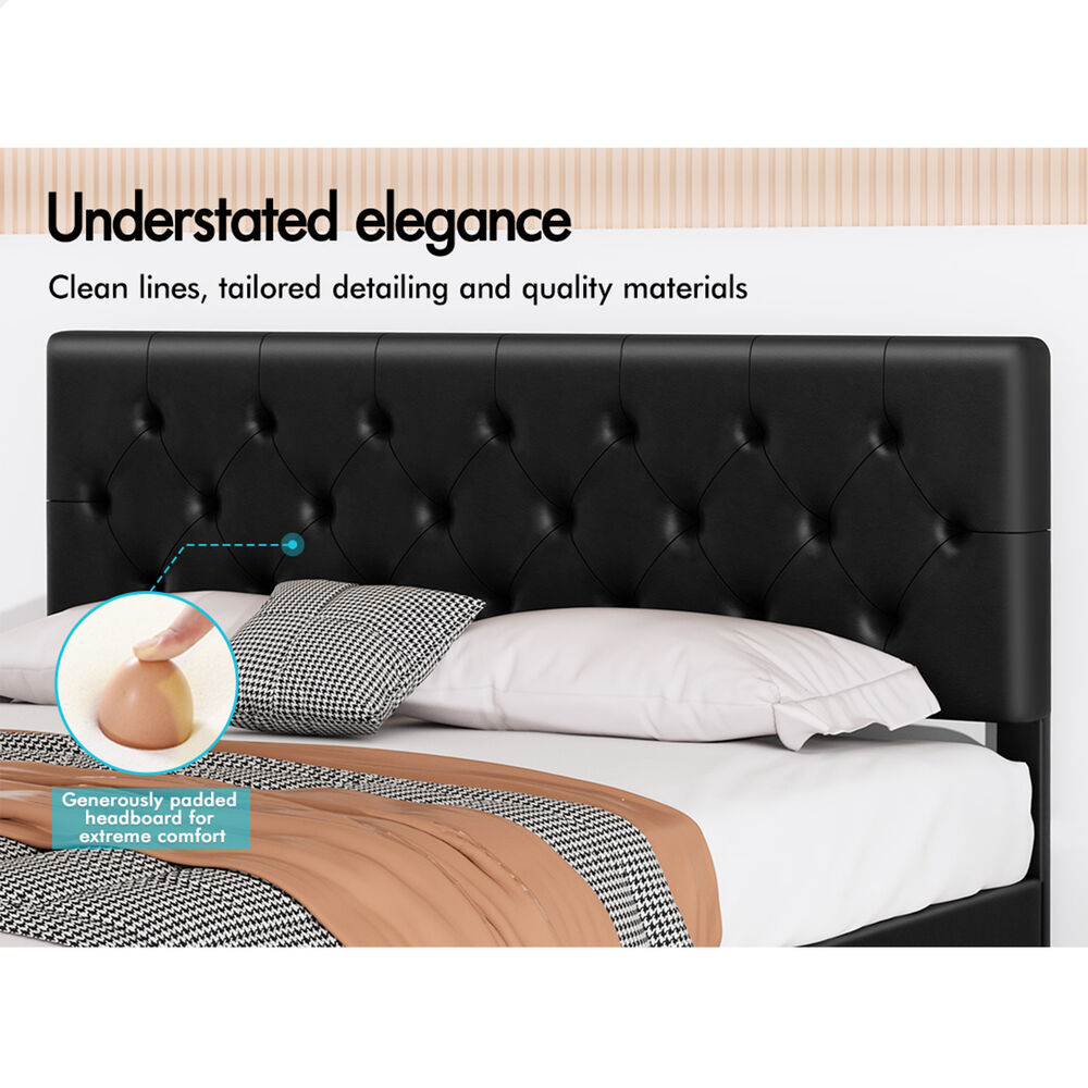 ALFORDSON Bed Frame Double Size Tufted Headboard Modern Leather Black Meduna