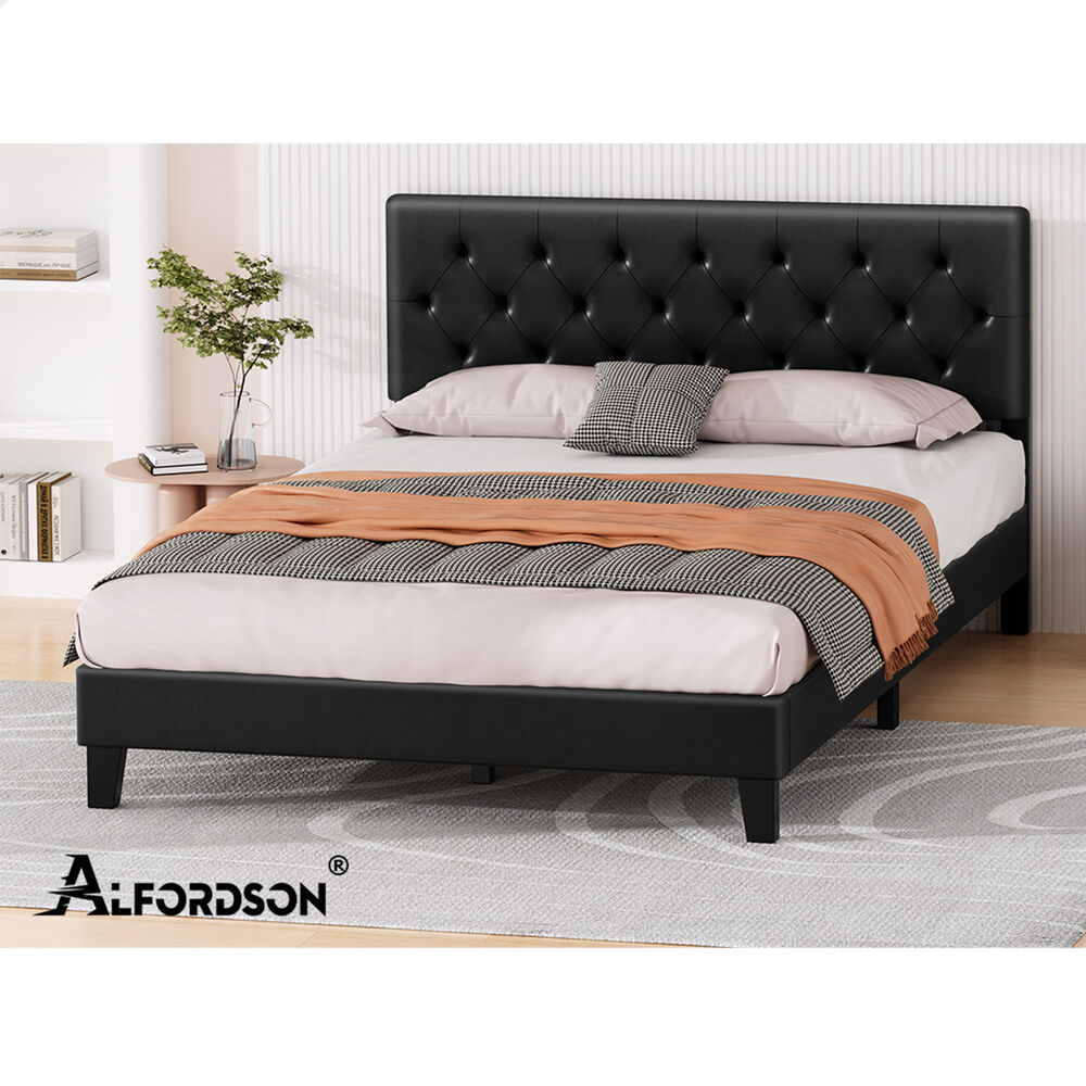 ALFORDSON Bed Frame Double Size Tufted Headboard Modern Leather Black Meduna