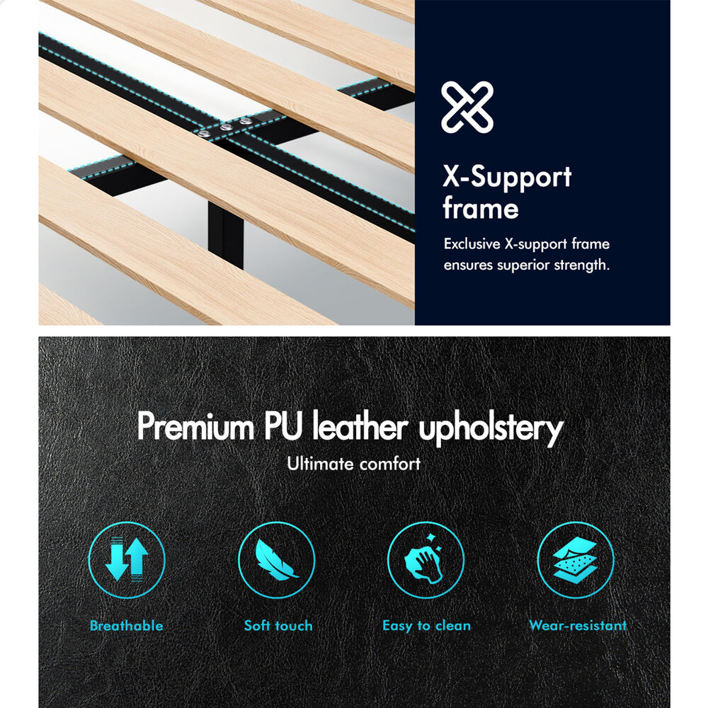 ALFORDSON Bed Frame Double Size Tufted Headboard Modern Leather Black Meduna