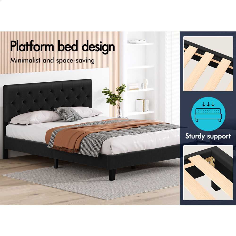 ALFORDSON Bed Frame Double Size Tufted Headboard Modern Fabric Charcoal Meduna