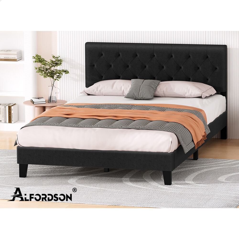 ALFORDSON Bed Frame Double Size Tufted Headboard Modern Fabric Charcoal Meduna