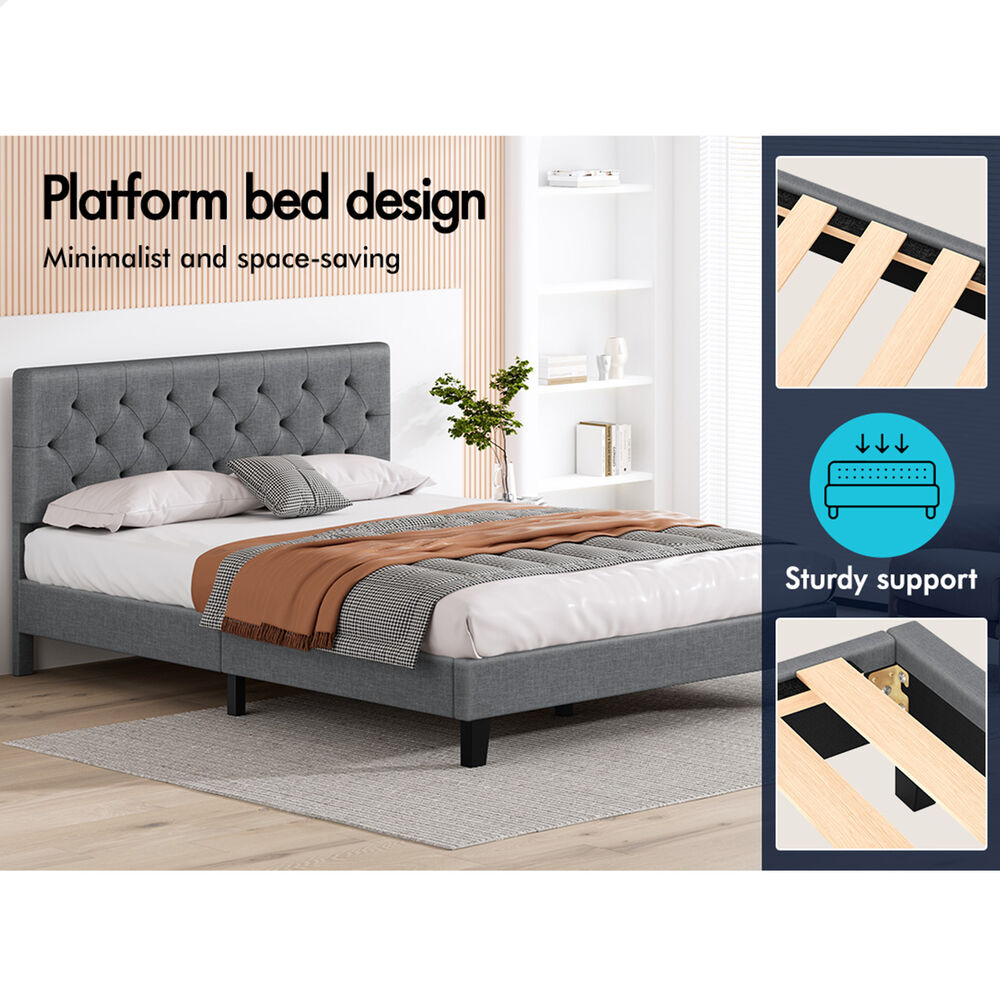 ALFORDSON Bed Frame Double Size Tufted Headboard Modern Fabric Grey Meduna