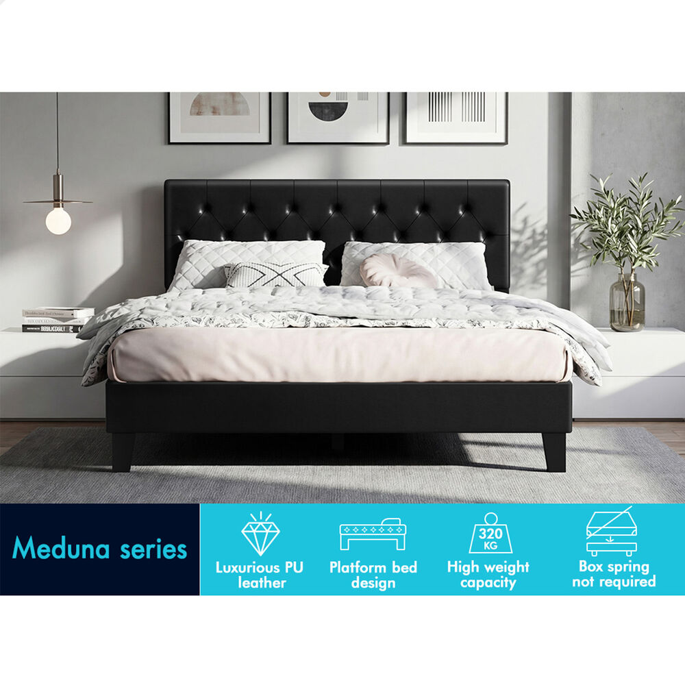 ALFORDSON Bed Frame King Size Tufted Headboard Modern Leather Black Meduna