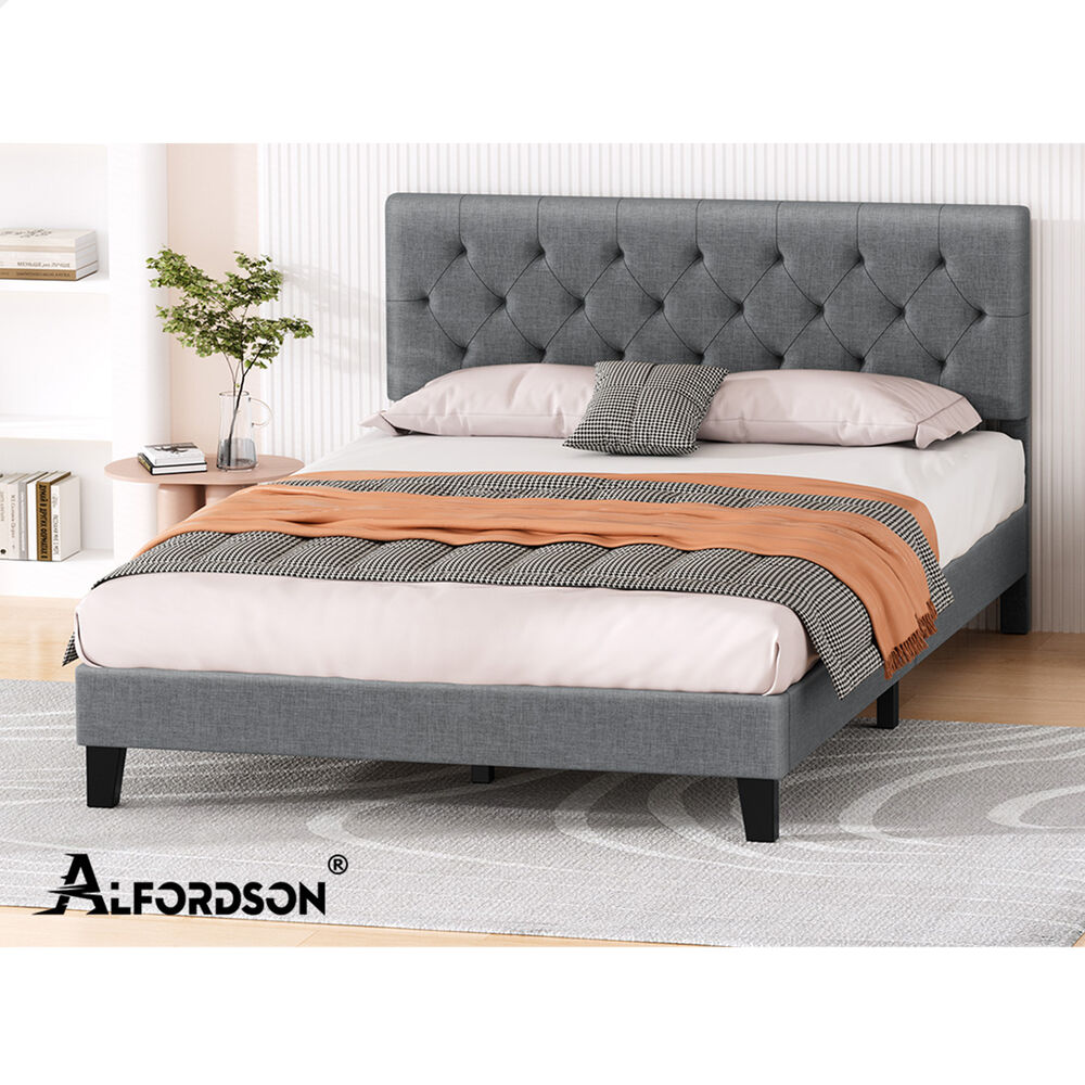 ALFORDSON Bed Frame King Size Tufted Headboard Modern Fabric Grey Meduna
