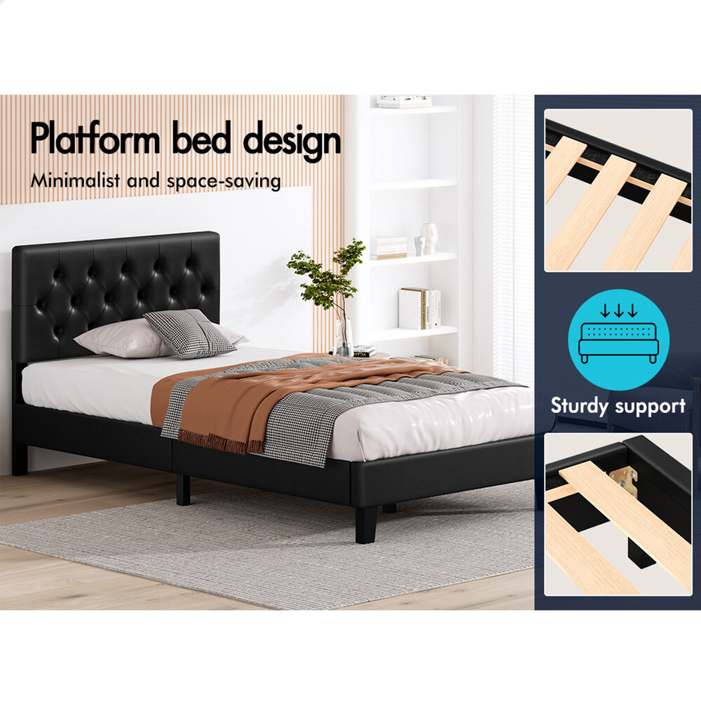 ALFORDSON Bed Frame King Single Tufted Headboard Modern Leather Black Meduna
