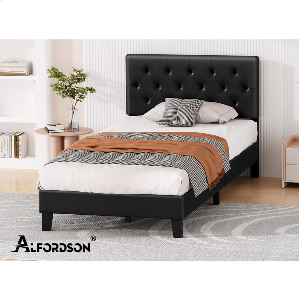 ALFORDSON Bed Frame King Single Tufted Headboard Modern Leather Black Meduna