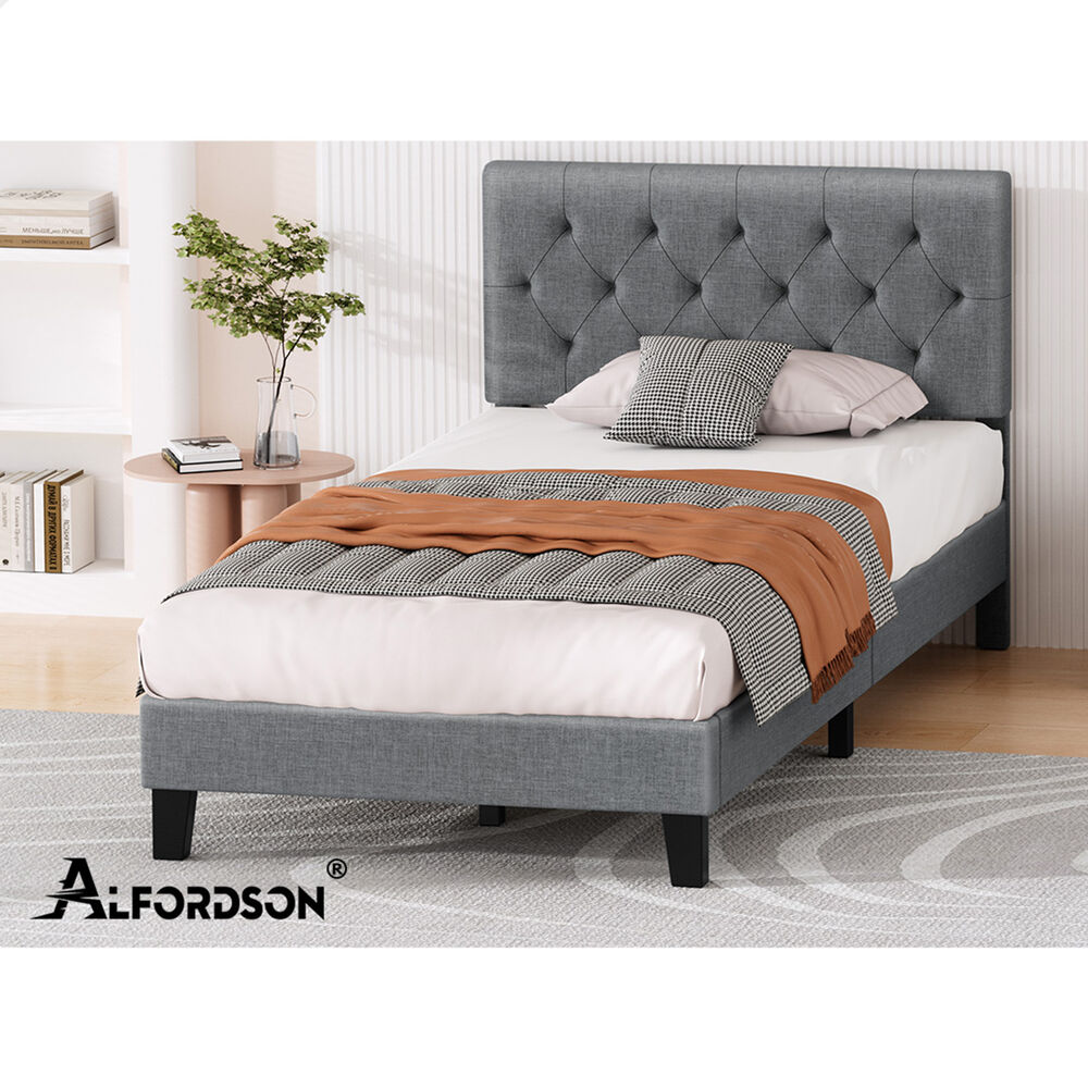 ALFORDSON Bed Frame King Single Tufted Headboard Modern Fabric Grey Meduna