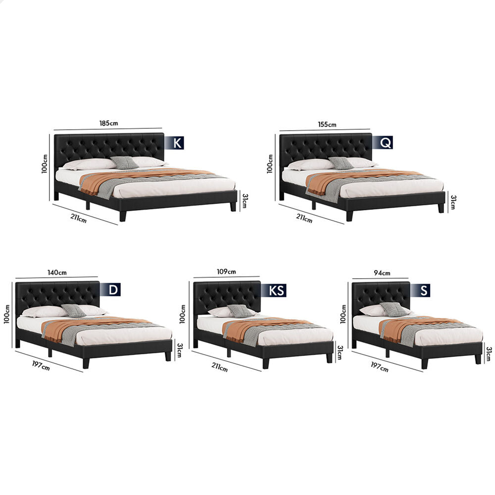 ALFORDSON Bed Frame Queen Size Tufted Headboard Modern Leather Black Meduna