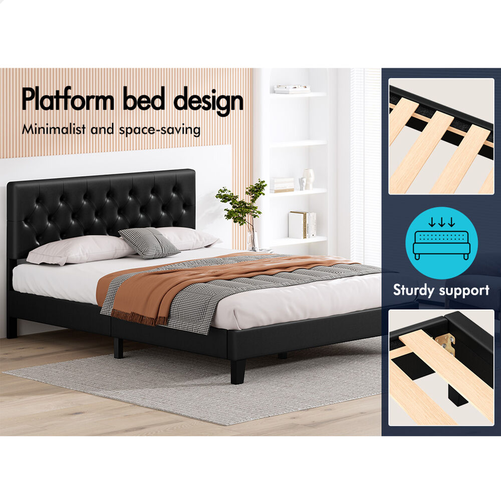 ALFORDSON Bed Frame Queen Size Tufted Headboard Modern Leather Black Meduna