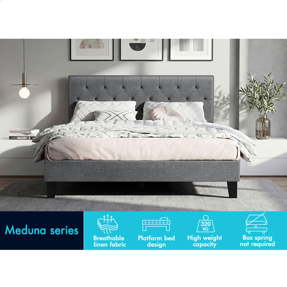 ALFORDSON Bed Frame Queen Size Tufted Headboard Modern Fabric Grey Meduna