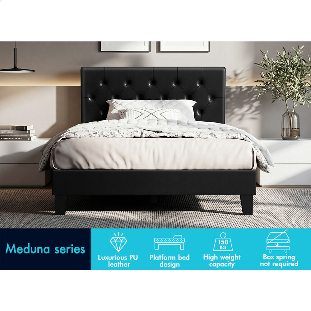 ALFORDSON Bed Frame Single Size Tufted Headboard Modern Leather Black Meduna