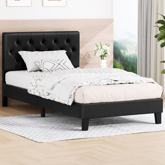 ALFORDSON Bed Frame Single Size Tufted Headboard Modern Leather Black Meduna