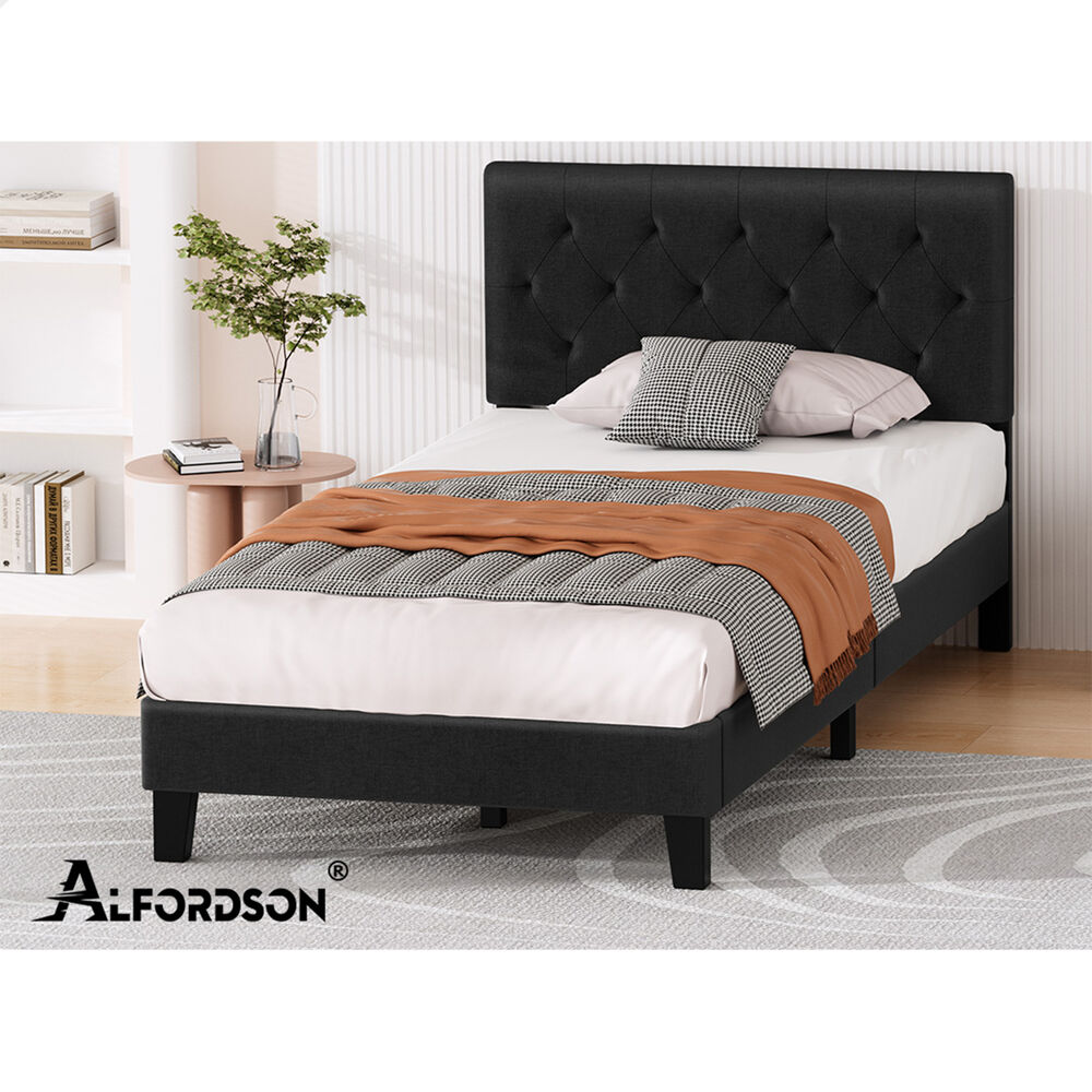 ALFORDSON Bed Frame Single Size Tufted Headboard Modern Fabric Charcoal Meduna