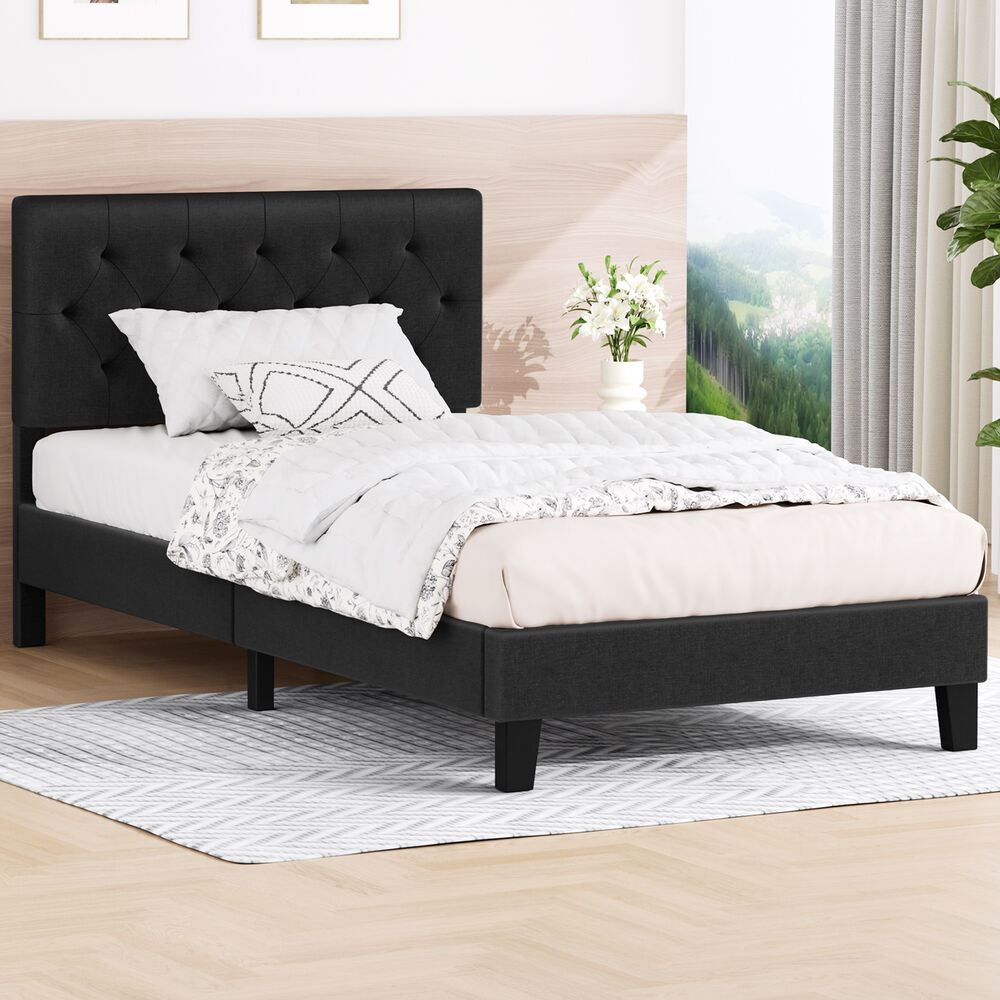 ALFORDSON Bed Frame Single Size Tufted Headboard Modern Fabric Charcoal Meduna