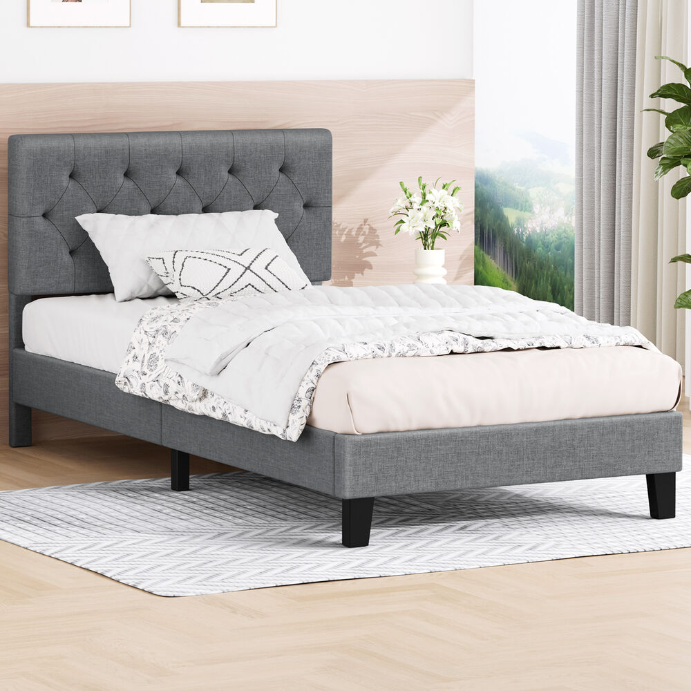 ALFORDSON Bed Frame Single Size Tufted Headboard Modern Fabric Grey Meduna