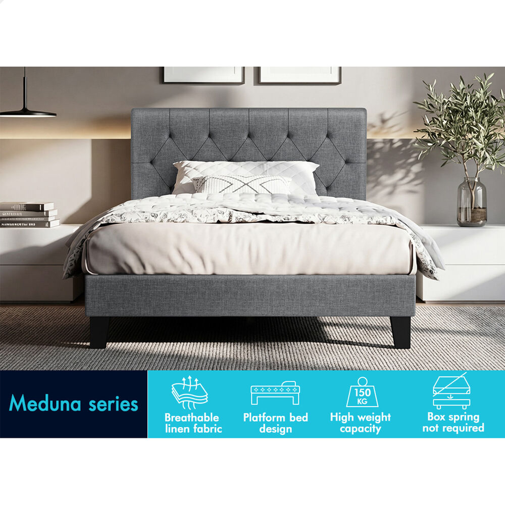 ALFORDSON Bed Frame Single Size Tufted Headboard Modern Fabric Grey Meduna