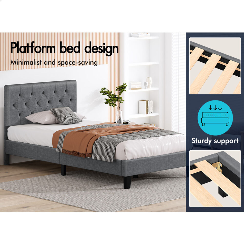 ALFORDSON Bed Frame Single Size Tufted Headboard Modern Fabric Grey Meduna